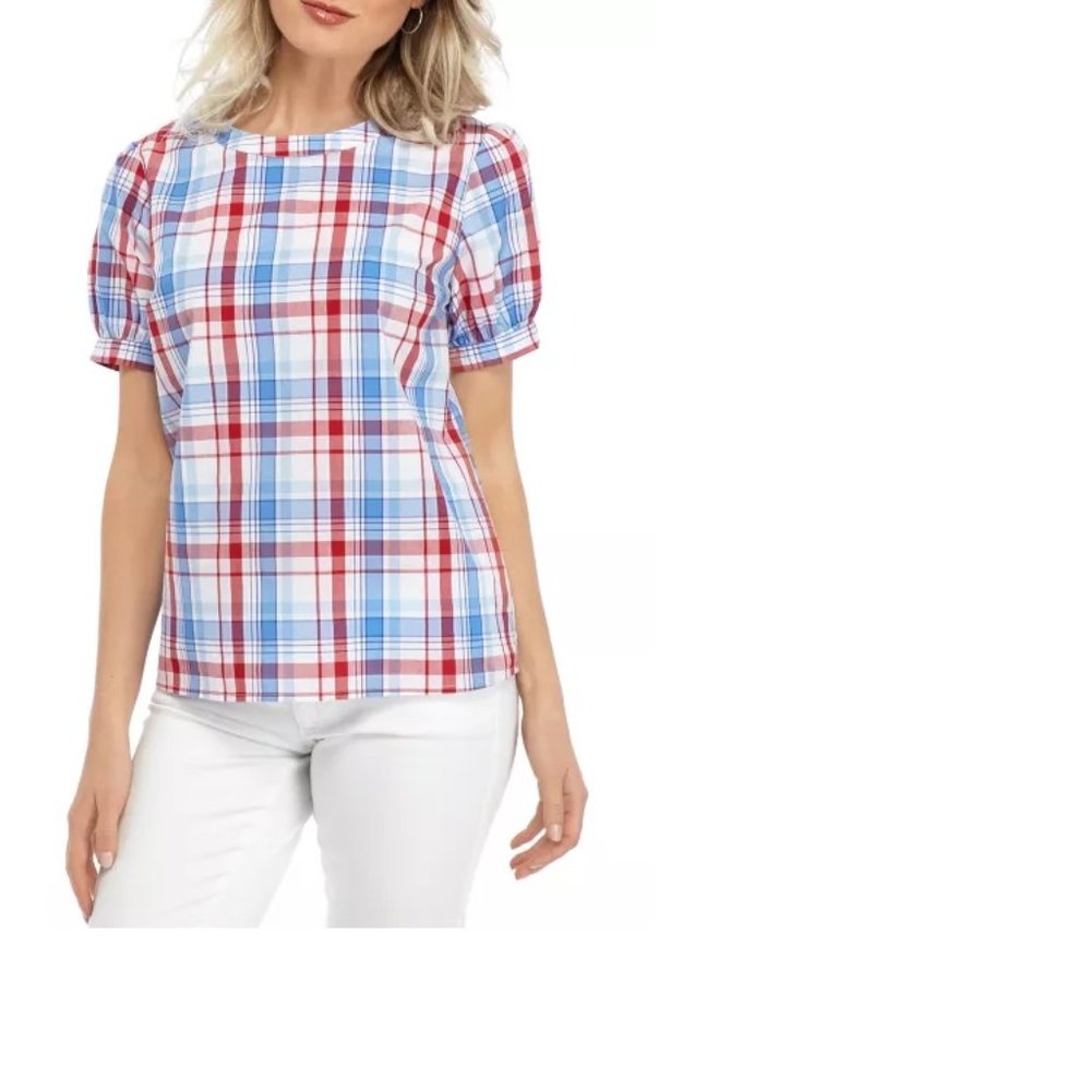 Kim Rogers Women’s Petite Puff Short Sleeves Plaid Round Neck Pullover Top NWT